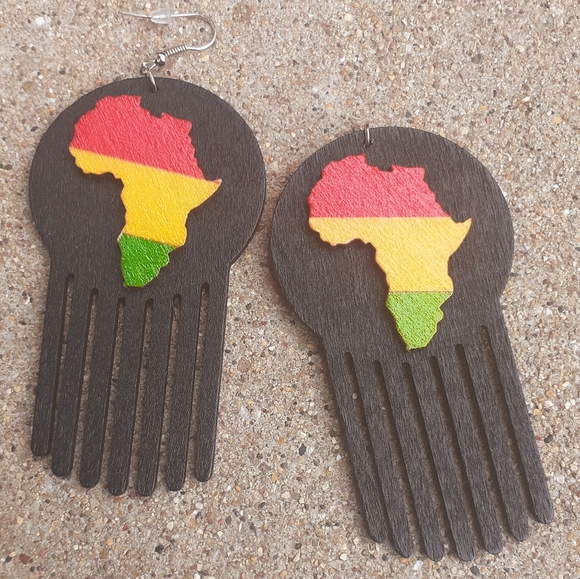 Afrocentric Africa Afro Pick Wooden Earrings - Picture 1 of 2